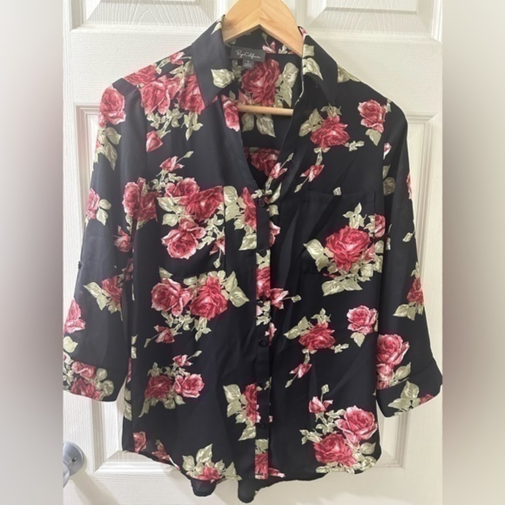 Byer California Black Floral Blouse Size Small